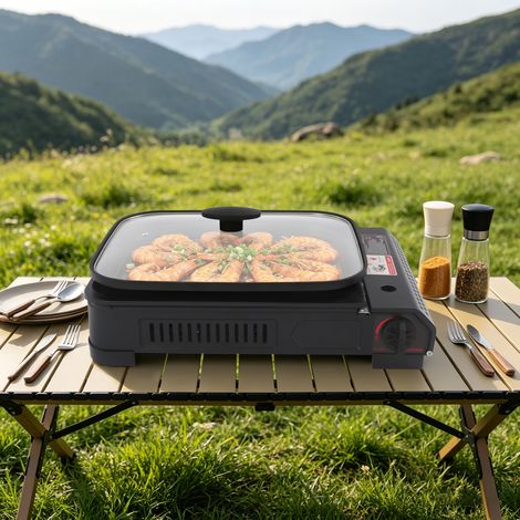 【Maison connectée】Barbecue gaz Portable à gaz 2, KW Compact Plaque Anti Adhesive Table balcons terrasses Camping Table (1/5)
