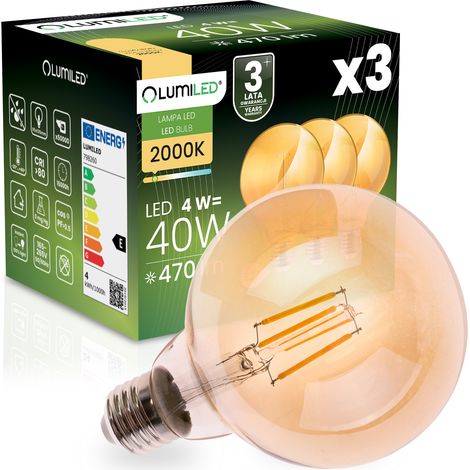 3x E27 LED-Glühbirne G95 4W = 40W 470LM 2000K warmweiß, 360° bernsteinfarbener Glühfaden LUMILED
