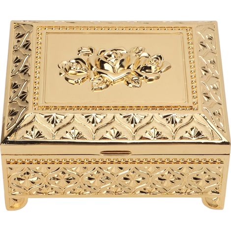Boîte à Bijoux Vintage en Alliage de Zinc à Motif Rose en Relief, Coffret Cadeau pour Femmes et Filles, Couvercle Flip Top Doré (1/5)