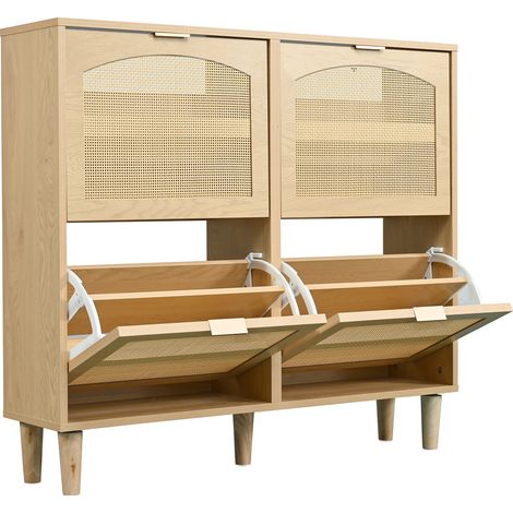 Schuhschrank mit 4 Klappfächern, Rattan-Fronten und Holzgriffen, 100 x 25 x 90 cm, Eichenoptik (1/5)