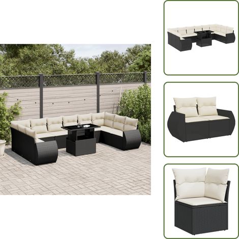 The Living Store Salon de jardin 11 pcs avec coussins noir résine tressée - Ensemble Salon De Jardin - Meuble Extérieur - Jardin Design - Mobilier Résistant Aux Intempéries - Chaise Longue (1/5)