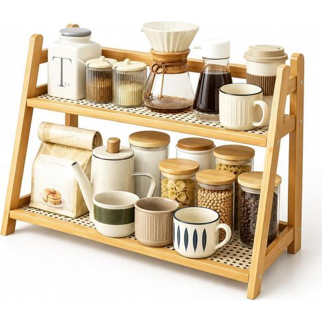 Organisateur de cuisine en rotin bambou à 2 niveaux, étagère de cuisine 45 x 18 x 28,5 cm, étagère à café, rangement pour tasses, porte-tasses, pour thé, café, bar, épices (1/5)