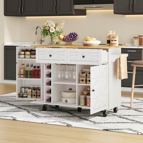 Îlot de cuisine blanc avec tablette rabattable, 5 roues freinables, étagère de rangement, porte-bouteilles et porte-verres, dimensions 120 x 45(70) x 89 cm