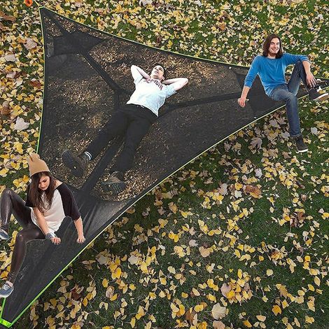 Faltbare Dreieckshängematte für 3 Personen, Outdoor-Campinghängematte aus strapazierfähigem Netzgewebe, Schwarz, 280 cm