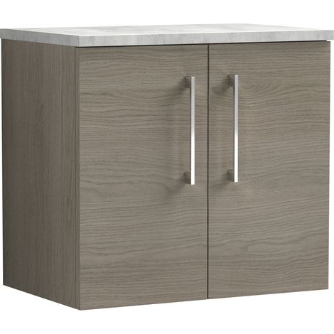 Nuie Arno Wall Hung 2-Door Vanity Unit with Bellato Grey Worktop 600mm Wide - Solace Oak Woodgrain