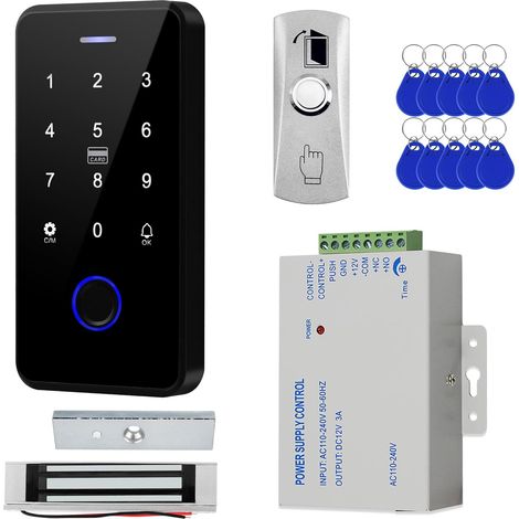 Kit de contrôle d'accès WiFi à empreintes digitales : 100FP/8000C/125 kHz + clavier rétroéclairé 13,56 MHz/IP68, 180 kg Maglock ou petite serrure électrique, 10 porte-clés IC, bloc d'alimentation (1/5)