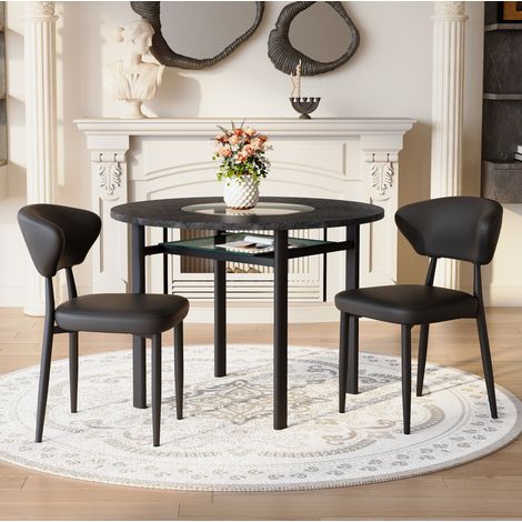 Set da pranzo rotondo minimalista con tavolo nero effetto legno da 100 cm e 2 sedie in PU (1/5)