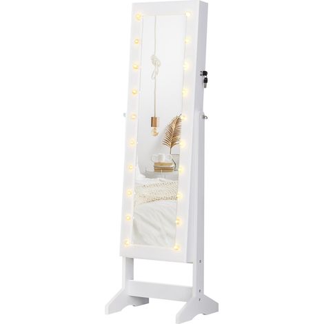 Armoire à bijoux avec miroir réglable et 20 lumières LED, bois, blanc, 40 x 37 x 146 cm