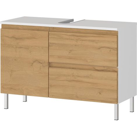 Meuble sous-lavabo, en Blanc/chêne, avec découpe pour Siphon, 80 x 56 x 34 cm (LxHxP) (1/5)