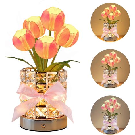 Lampe de table tulipe rechargeable avec variateur tactile et diffuseur d'huiles essentielles rose, idéale pour la décoration de la chambre, compatible avec le chargement USB (1/5)