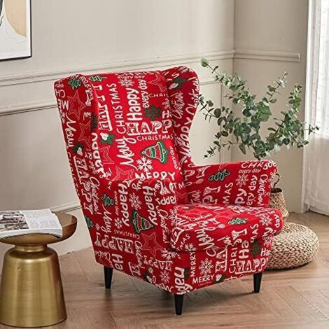 Sollbry Housse de Fauteuil à Oreilles Extensible 2 Pièces Couverture de Fauteuil avec Housse de Coussin en T, Housse de Fauteuil Antidérapante,pour Salon, Hôtel, Chambre (Rouge de Noël) (1/5)