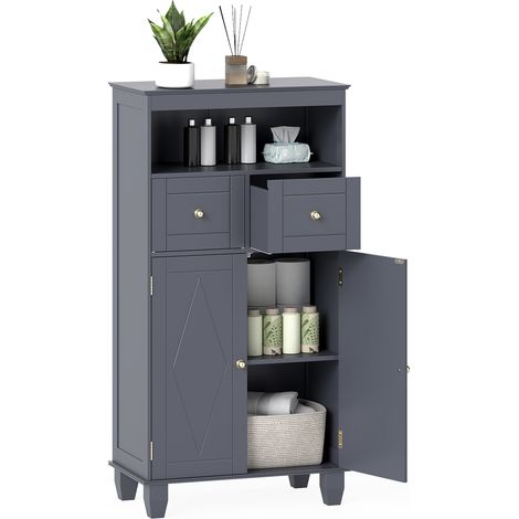 COSTWAY Freestanding Bathroom Cabinet 108cm 2 Drawers 2 Doors Adjustable Grey (1/5)