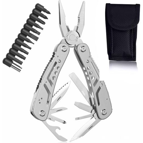Faltbares Edelstahl-Multitool – Multitool – Perfektes Campingzubehör – Flaschenöffner und Karabiner – Inklusive Schraubendreherbits und Tragetasche mit Gurtclip
