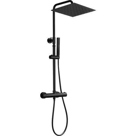 Colonne de douche Inox avec Robinetterie Thermostatique, Système Pluie pour Cabine Baignoire avec Barre Réglable Hauteur et Tête de Douche 30x30 cm Noir (1/5)