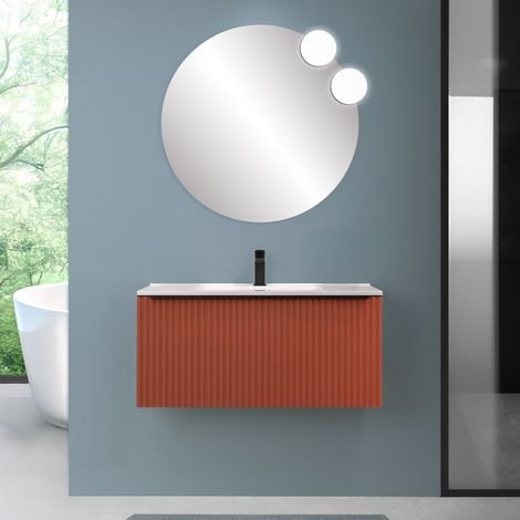 Mobile bagno sospeso 100 cm color terracotta cannettato con cassetto e lavabo Nara (1/5)
