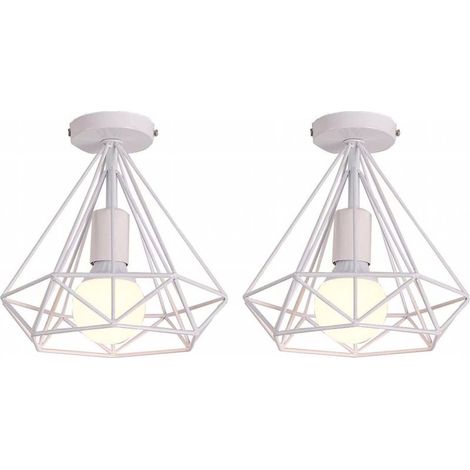 2 Pack 25cm Diamant Plafonnier Cage en Métal Rétro Industrielle Luminaire Blanc (1/4)
