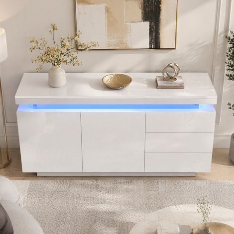 Aparador blanco 140 x 35 x 72,5 cm con LED RGB, 2 puertas y 3 cajones DESVIAE (1/5)