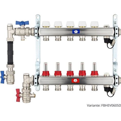 Fußbodenheizungsverteiler aus Edelstahl mit Topmeter für 5 Heizkreise - mit WMZ-Anschlussset 110 mm senkrecht (1/3)