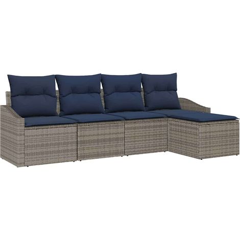 Sofa Set with Cushion 5 pcs Grey and Navy Poly Rattan vidaXL