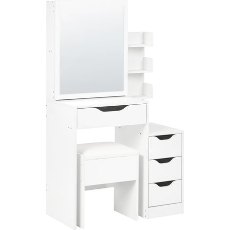 Tocador con espejo y taburete escritorio decorativo de MDF con 4 cajones y 3 estantes blanco Gatineau
