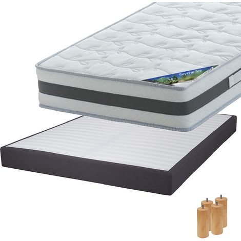 SEYCHELLES - Pack Matelas 160x200 + Sommier Tapissier Démontable 2x20 Lattes Anthracites + Pieds Bois 15cm (1/5)