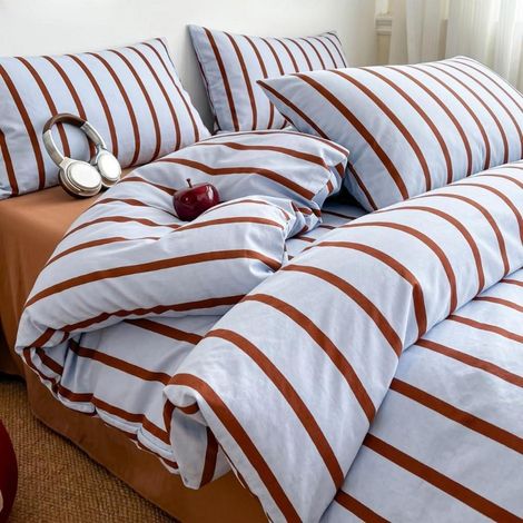 Parure de lit 135x200 cm Bleu Marron Rayé Microfibre avec fermeture éclair