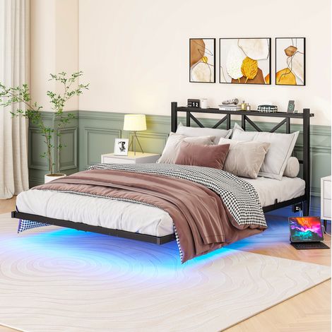 Letto matrimoniale 140x200 cm in metallo nero con LED e ricarica, moderno FLORAGRACE (1/5)