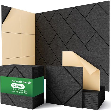 Lot de 12 panneaux acoustiques auto-adhésifs, rembourrage insonorisant en polyester, panneaux muraux insonorisants haute densité, 30 x 30 x 1 cm, noir (1/5)