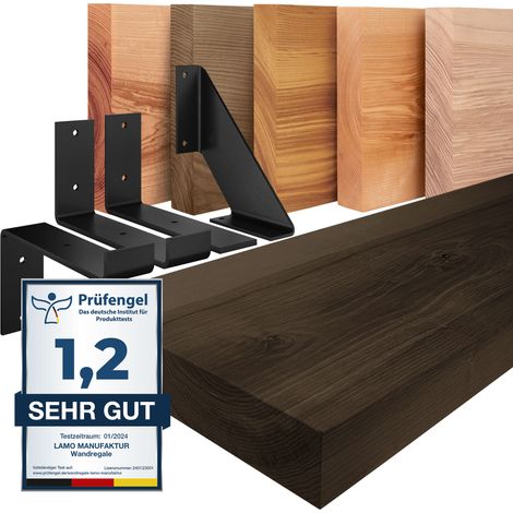 LAMO Manufaktur étagère murale en bois massif, bord régulier, étagère de rangement Original, bois foncé / équerre blanche 50cm, ZW-01-A-004-50ZW (1/5)