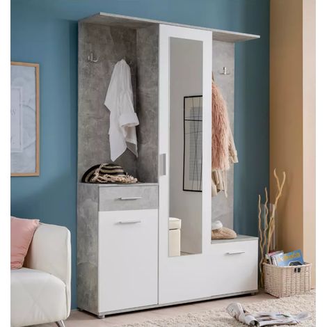 mobile da ingresso "barcellona" con specchio effetto cemento e bianco 133x33x197 cm