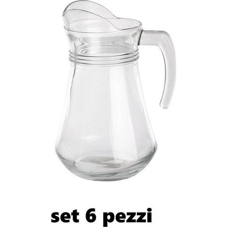 TRADE SHOP - Set 6 Pezzi Brocca Caraffa In Vetro Trasparente 1,3 Lt Litri Per Acqua Vino -
