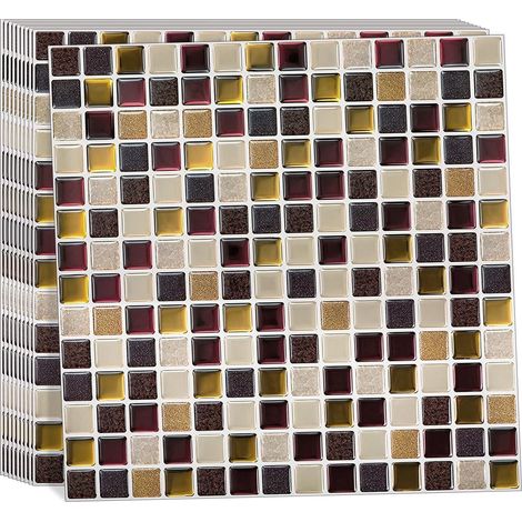 Lot de 10 feuilles de 30 cm x 30 cm - Mosaïque 3D en vinyle - Autocollants muraux imperméables et anti-éclaboussures - Rouge et doré (1/5)