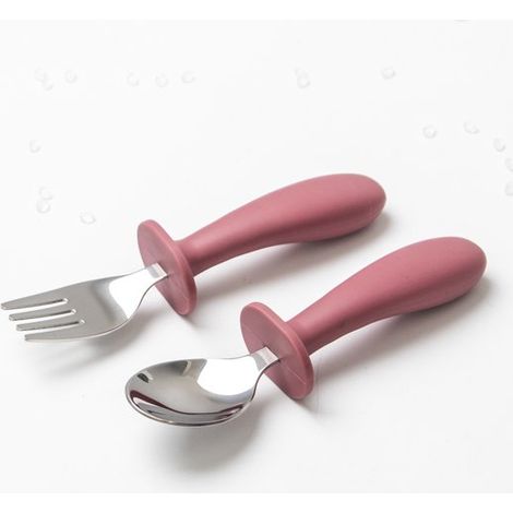 Ensemble de vaisselle pour bébé, ensemble de 4 cuillères et fourchettes pour enfants, en acier inoxydable et silicone alimentaire, rose et rouge. (1/4)