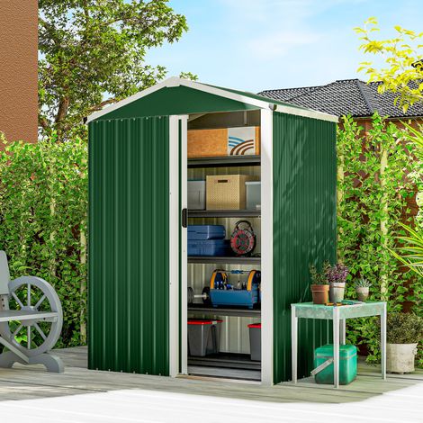 Abri de jardin en acier de 1,1 m² avec porte coulissante verrouillable. Dimensions : 136 x 87 x 179 cm. Couleur : vert. (1/5)