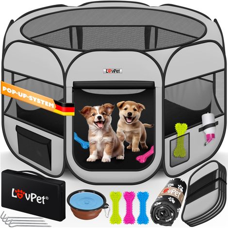 LOVPET® Recinto per cuccioli di animali pieghevole per piccoli animali Cani  Gatti Incl. ciotola per cani Recinto per cani all'aperto Sistema pop-up in tessuto Oxford per interni ed esterni  Grigio ch (1/5)