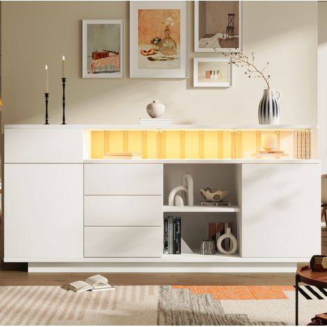 Credenza 160 x 40 x 75 cm con illuminazione LED, 4 cassetti e 2 ante, MDF e acrilico bianco DESVIAE (1/5)