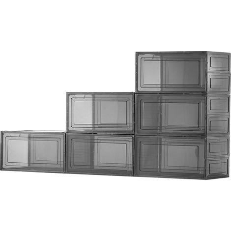 Boîtes de Rangement pour Chaussures, Lot de 6, Empilables et Transparentes, Porte Magnétique, Convient jusqu'à Pointure 13, Organisateurs en Plastique pour Talons, Bottes et Chapeaux, Noir Transparent (1/5)