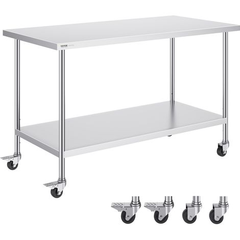 VEVOR Tavolo da Lavoro in Acciaio Inossidabile  762 x 1524 x 954 mm, con 4 Ruote, 3 Livelli di Altezza Regolabili, Tavolo Resistente per Preparazione Alimenti Ristoranti Cucina Commerciale, Argento