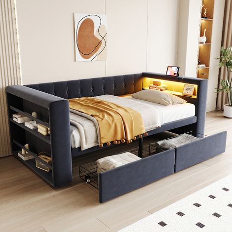 Polsterbett 90x190 cm mit Stauraum und LED-Beleuchtung, multifunktionales Schlafsofa mit Schubladen und Steckdose, Flannelette Dunkelgrau (1/5)