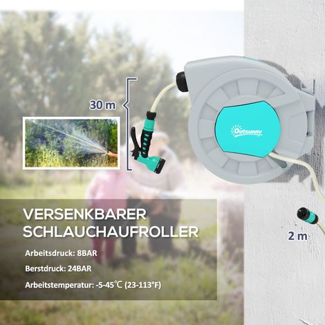 Support tuyau d'arrosage 30+2 mètres, enrouleur mural robuste, 7 modes de jet, pivotant à 180°, vert