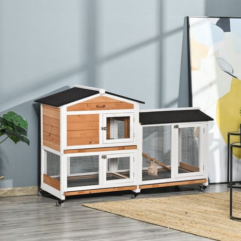 Kaninchenstall aus Holz, Kleintiergehege, Kaninchenvilla auf Rädern, 2 Ebenen, 3 ausziehbare Tabletts, gelb (1/5)
