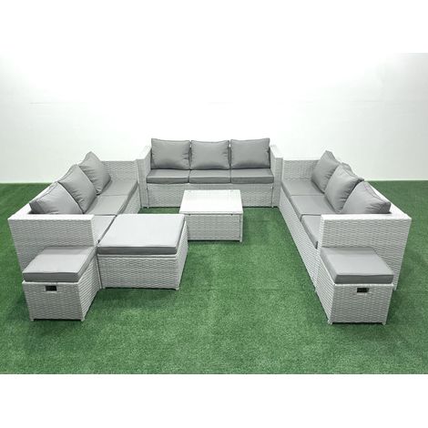 Fimous Rattan Garden Outdoor Furniture Set 12 Seater Rattan Garden Sofa Set with 3 Footstools Light Grey Mixed (1/5)