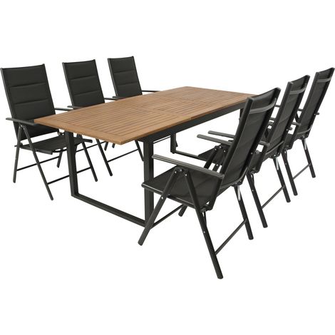 RIVELLO: Garnitur 7-teilig (6x Klappsessel Aluminium + Kunstgewebe schwarz, 1x Ausziehtisch 150/200x90cm, Stahl anthrazit + Akazie geölt, FSC-zertifiziert