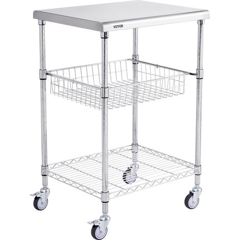 VEVOR Carrello da Cucina, 3 Ripiani, Carrello Acciaio Inox Capacita Carico max.  ca. 213,2 kg, Carrello di Servizio in Acciaio 4 Ruote, Carrello Portaoggetti in Acciaio Inox con Cestello Portaoggetti