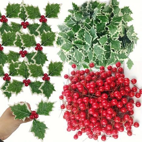 20 Sets mit künstlichen Weihnachtsblättern, roten Beeren und Harry-Potter-Blättern zum Dekorieren von Weihnachtsbaum, Kranz und Pralinenschachteln. Zubehör inklusive. (1/5)