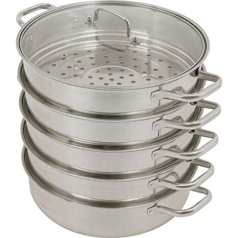 Cuiseur vapeur 32 cm en acier inoxydable 304 avec couvercle en verre, 5 étages empilables, compatible cuisinière gaz, induction, vitrocéramique et électrique, couleur argent (1/5)