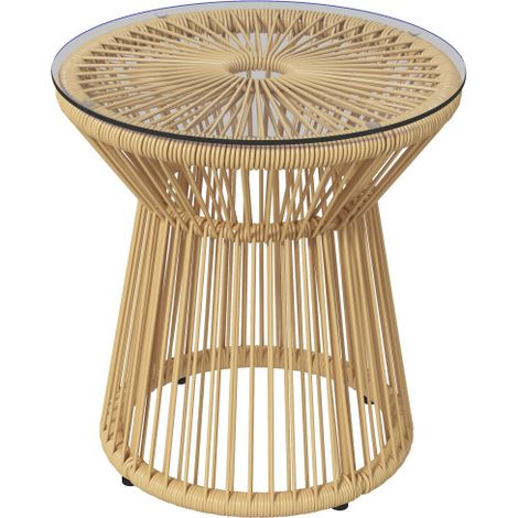 under Beistelltisch Kaffeetisch mit Glastischplatte Hohltrommel-Design Gartentisch für Terrasse Metall Beige