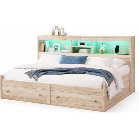 Sofá cama 90x200 cm con luz LED ambiental, 2 cajones, 2 USB y 2 tomas de carga, estructura de tablero de partículas y MDF, color natural, ideal para dormitorio moderno CHICFURN (1/5)