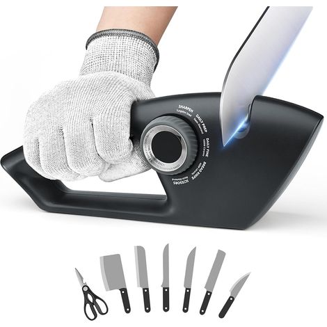 Aiguiseur Couteaux, 5 en 1 Affuteur Couteau Professionnel avec une paire de Gants Anti-coupure, Aiguiseurs Manuels de Couteaux à Bouton Réglable