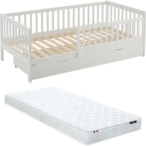 Letto 90 x 190 cm con cassetto Abete e MDF Bianco + Materasso - PROVIATI